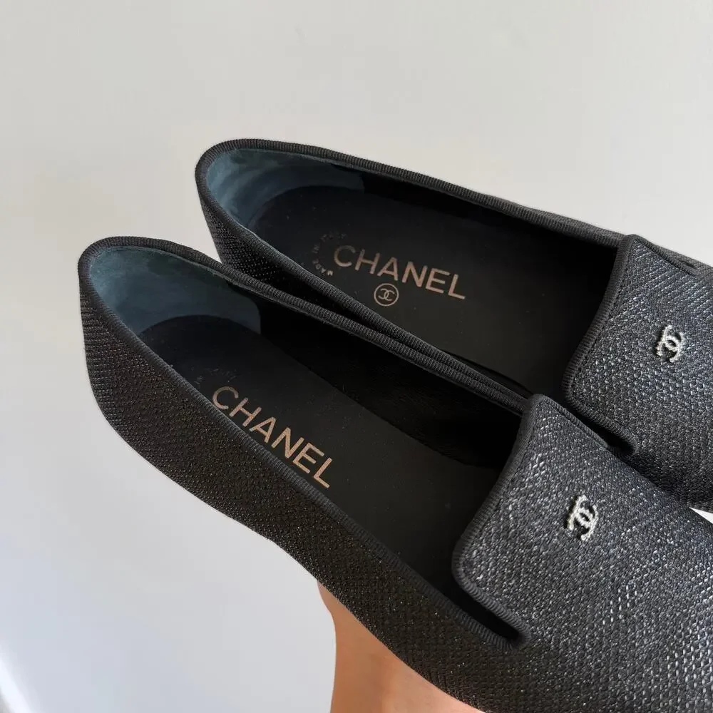 Chanel Interlocking CC Logo Glitter Slip On Loafer Flats Black 9 NEW